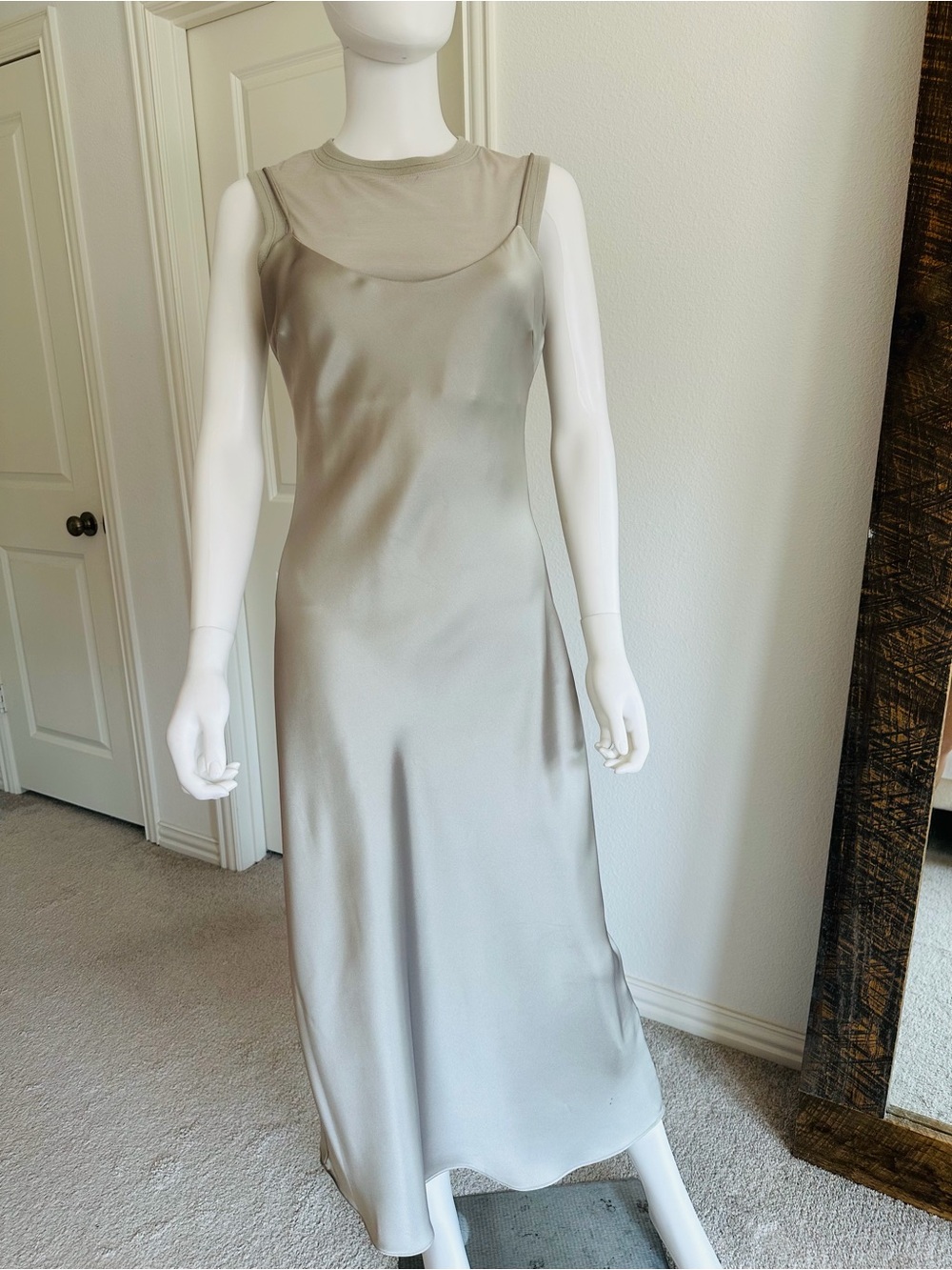 Zara Satin Slip Dress with Wool Top in Light Gray Medium
